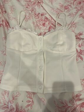 SHEIN White Lace-Trim Button Front Bustier Tank Top